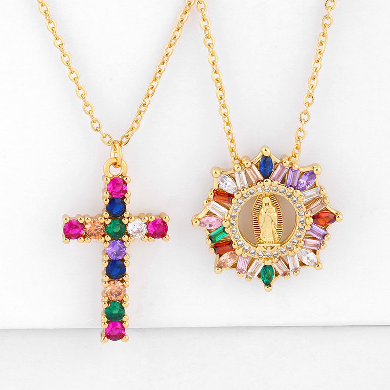 Wholesale Our Lady Of The Cross Pendant Necklace With Colored Zirconia Necklace
