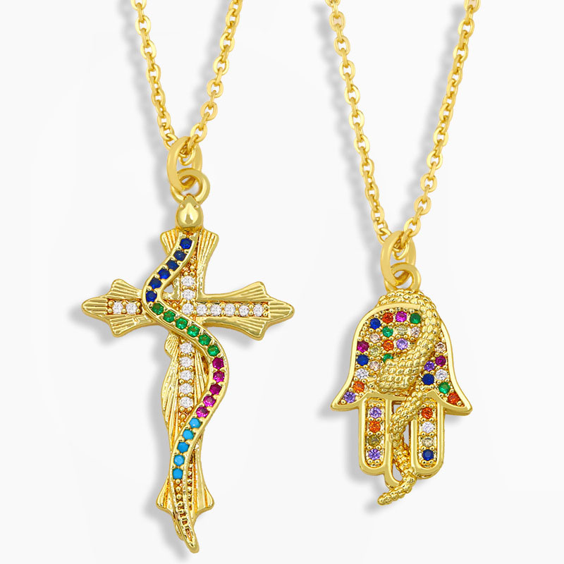 Wholesale Hip Hop Snake Cross Necklace With Colored Diamonds Palm Pendant