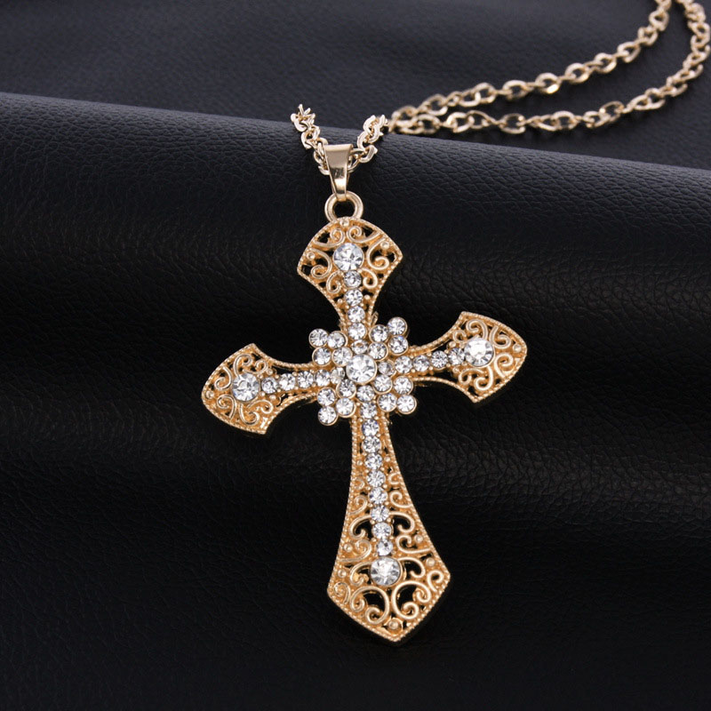 Wholesale Rock Hip-hop Gold-plated Color Through The Flower Cross Long Necklace