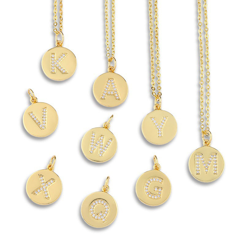 Wholesale Round Round 26 Letters Pendant Necklace With Zirconia Clasp Chain