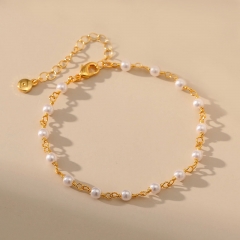 Copper Plated 18k Real Gold Color Preservation Simple Fine Chain Pearl Adjustable Bracelet Manufacturer