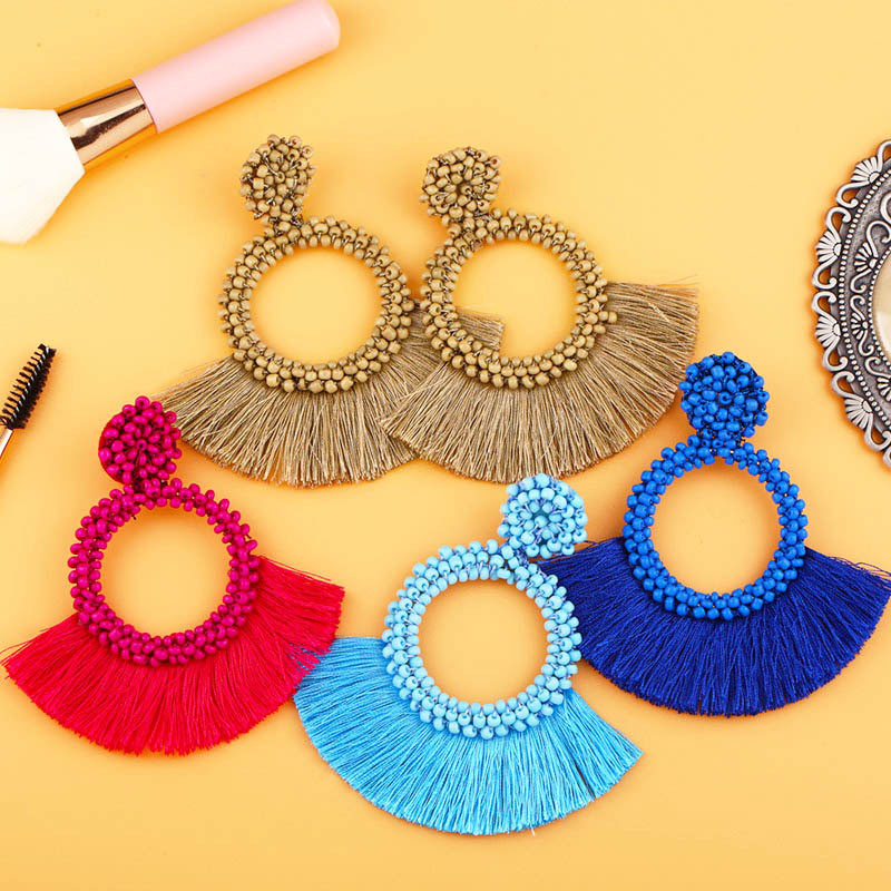 Bohemian Rice Beads Fan-shaped Tassel Earrings Supplier