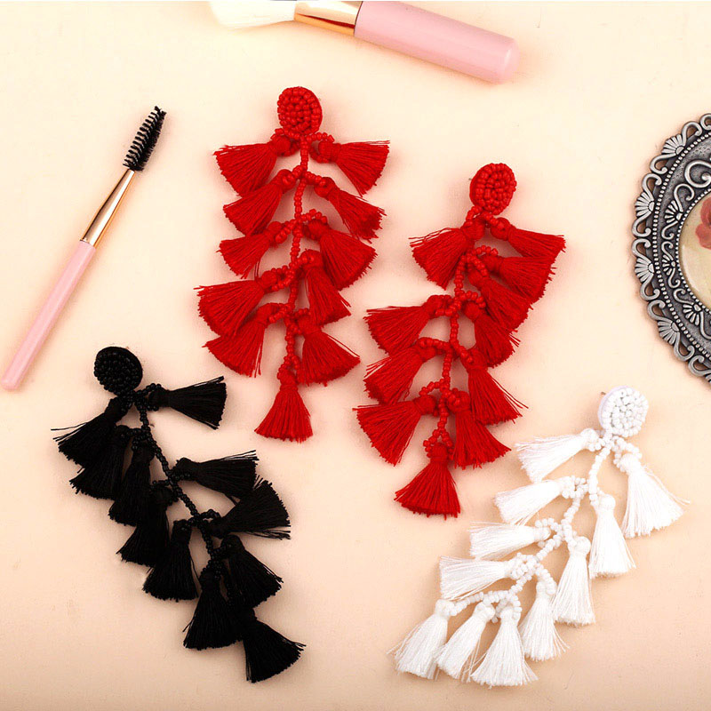 Long Bohemian Multi-layered Tassel Earrings Handmade Rice Beads Supplier