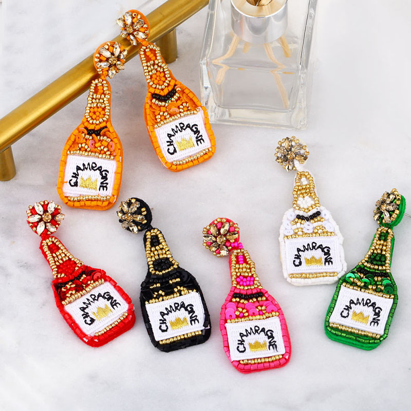 Fashion Champagne Bottle Rice Bead Sequin Earrings Embroidered Letters Supplier