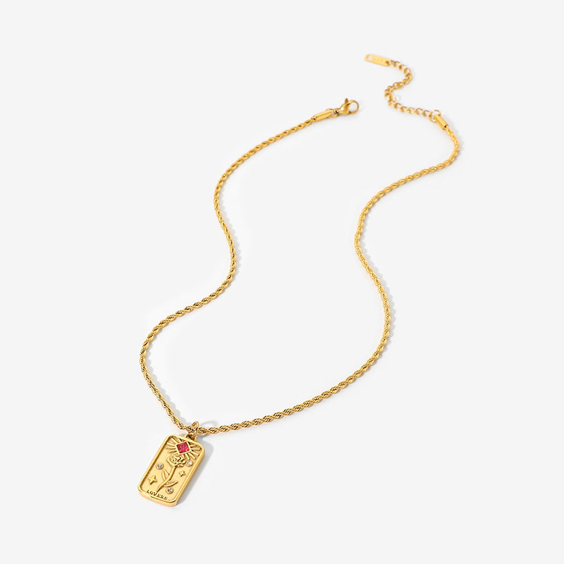 Wholesale 18k Gold Rectangular Three-dimensional Relief Diamond-set Flower Pendant Necklace