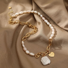 Wholesale Half Pearl Half Chain Geometric Pendant Necklace