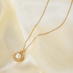 Wholesale Gold Plated Geometric Stainless Steel Chain Pearl Pendant Necklace