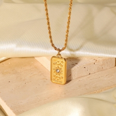 Wholesale Waterproof Stainless Steel Zirconia Sun Stamp Square Pendant Necklace