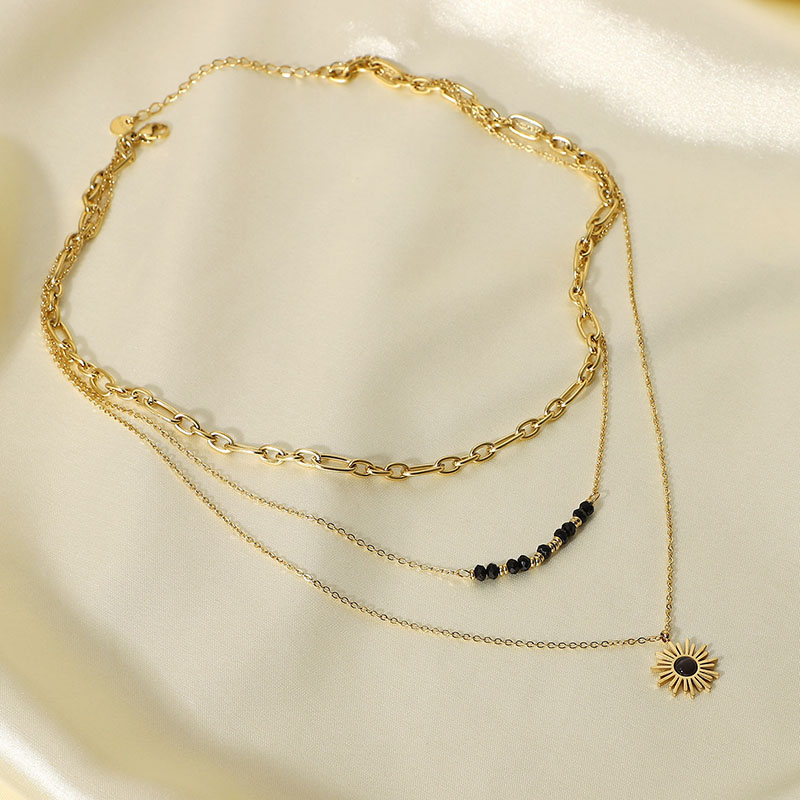 Wholesale Black Rice Bead Sun Flower Triple Layered Necklace