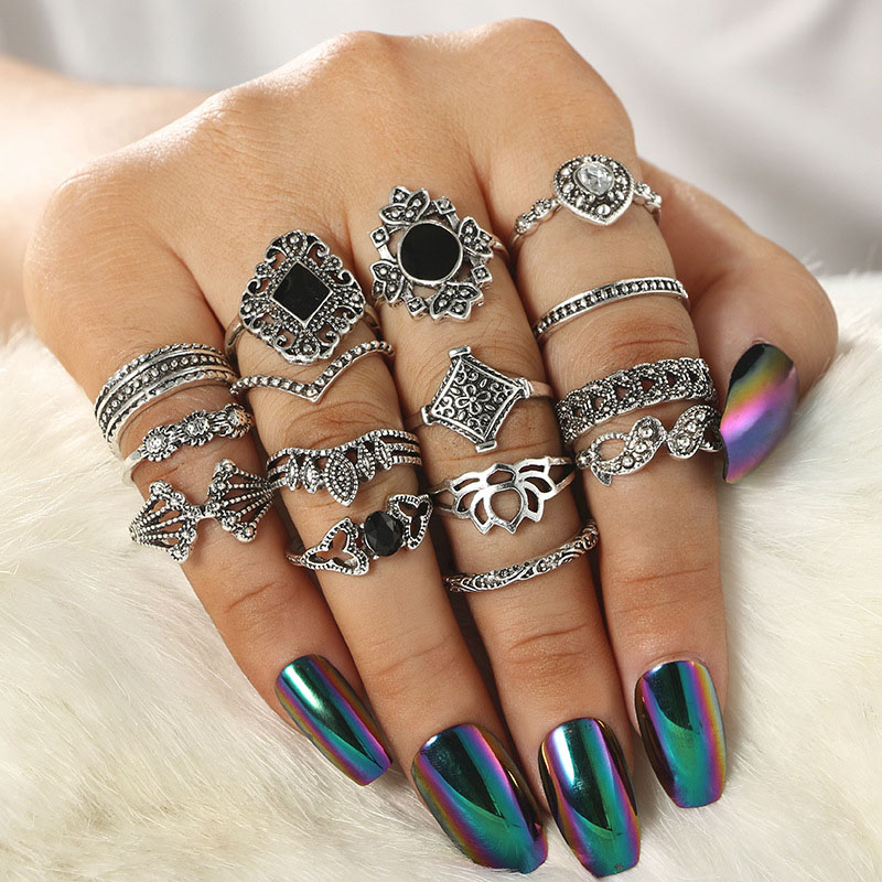 Bohemian Vintage Geometric Lotus Flower Sunflower Combination Set Ring 15 Pieces Set Manufacturer