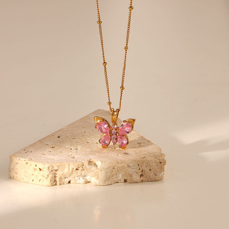 Wholesale Gold Plated Stainless Steel Pink Zirconia Butterfly Pendant Necklace