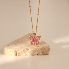 Wholesale Gold Plated Stainless Steel Pink Zirconia Butterfly Pendant Necklace