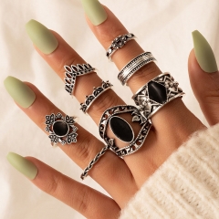 Wholesale Fashion Jewelry Black Oil Drip Ring Set Of Eight Vintage Geometric Hollow Ring Set Vendors