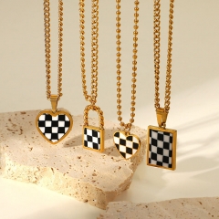 Wholesale Small Round Beads 18k Gold Checkerboard Love Lock Square Pendant Necklace