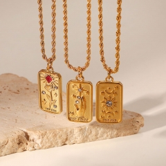 Wholesale 18k Vacuum Electroplated Gold Zirconia Stainless Steel Square Sun Star Stamp Necklace