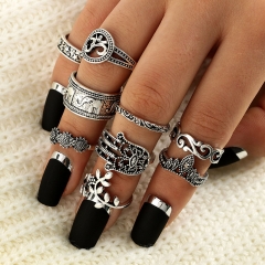 Bohemian Vintage Hollow Carved Elephant Palm Crown Nine Pieces Set Of Rings Manufacturer