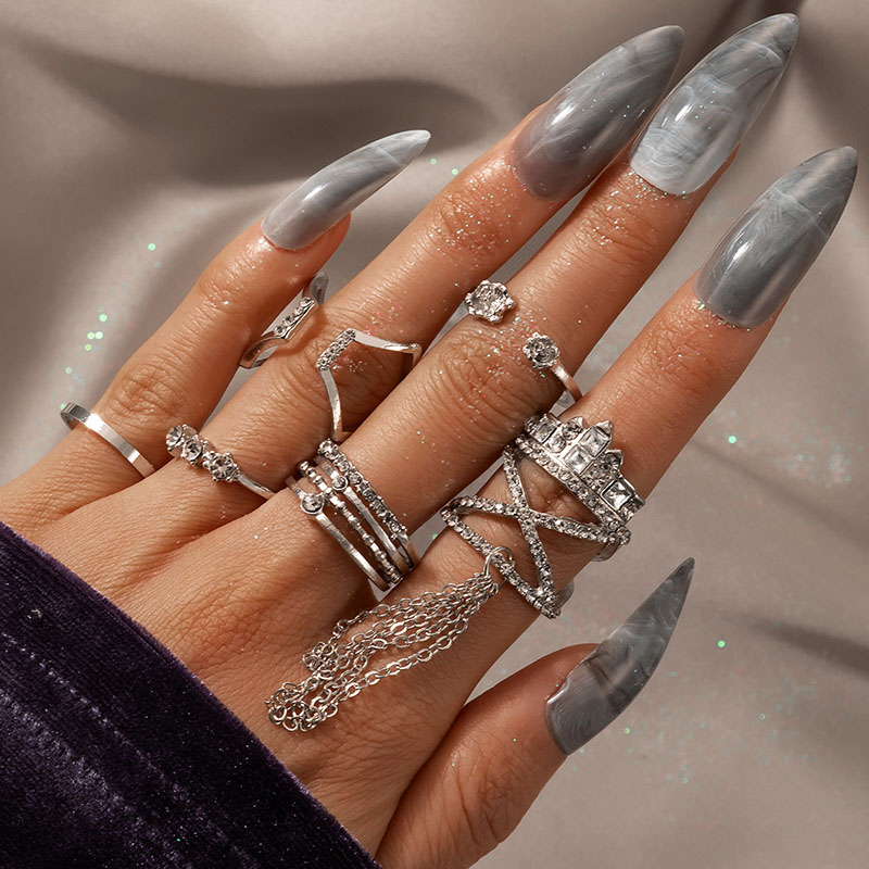 Personalized Exaggerated Finger Ring Open Flower Chain Tassel Crown Diamond Ring 6 Pieces Set Manufacturer