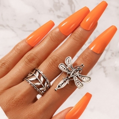 Simple Fashion Geometric Hollow Antique Silver Leaf Dragonfly Ring 2 Sets Manufacturer