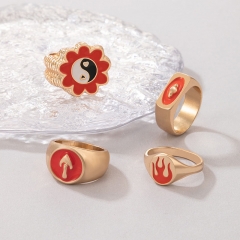 Flower Geometric Red Drip Oil Ring Four-piece Set Irregular Alloy Ring Set Manufacturer