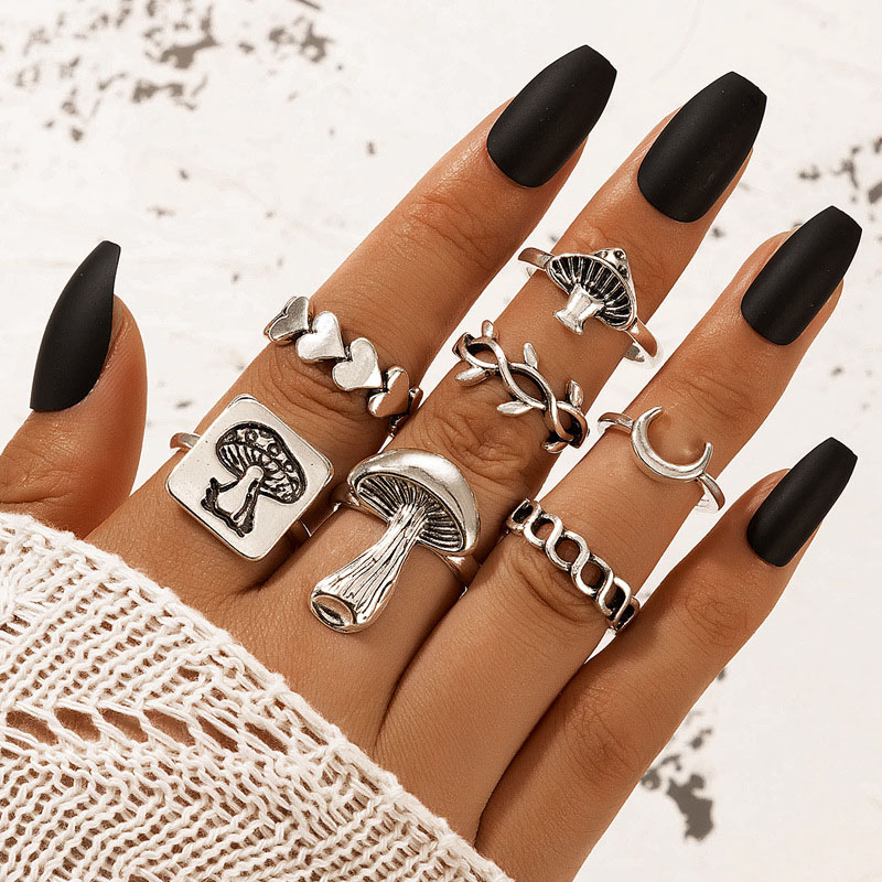 Mushroom Love Moon Leaves Antique Silver 7-piece Ring Set Manufacturer