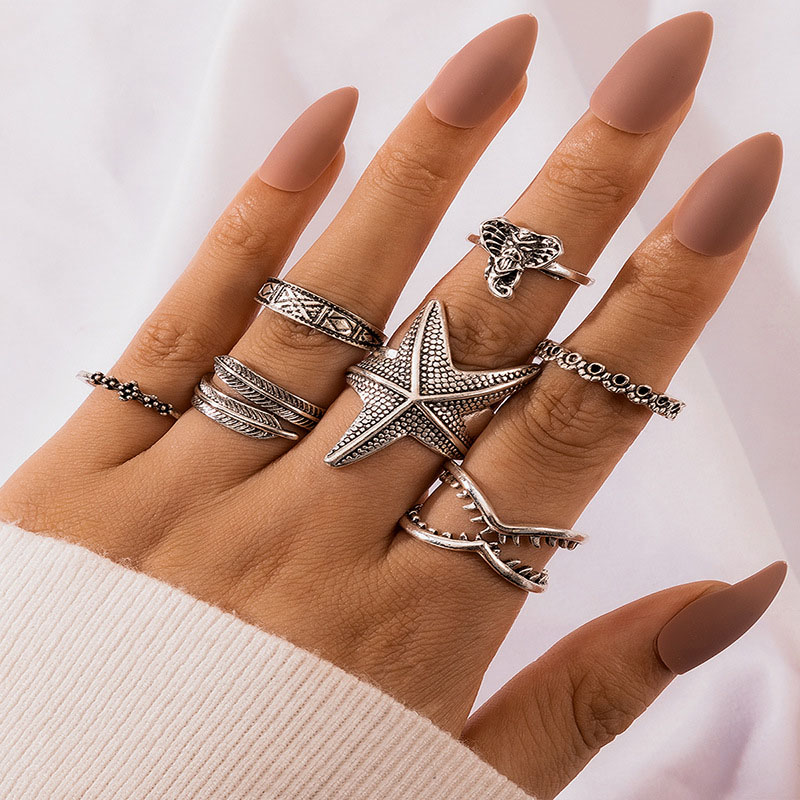 Simple Elephant Starfish Ring Female Vintage Alloy Leaf Ring Ornaments 7 Pieces Set Manufacturer