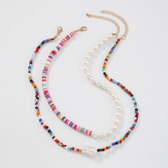 Wholesale Colorful Beads Double Layer Necklace Imitation Pearl Simple Bohemian Vendors