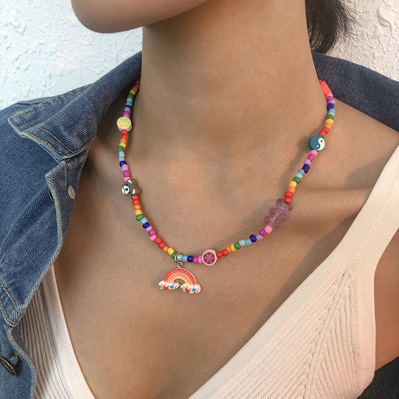 Wholesale Colorful Rice Bead Necklace Soft Pottery Bear Cartoon Necklace Cute Rainbow Pendant Collarbone Chain Vendors