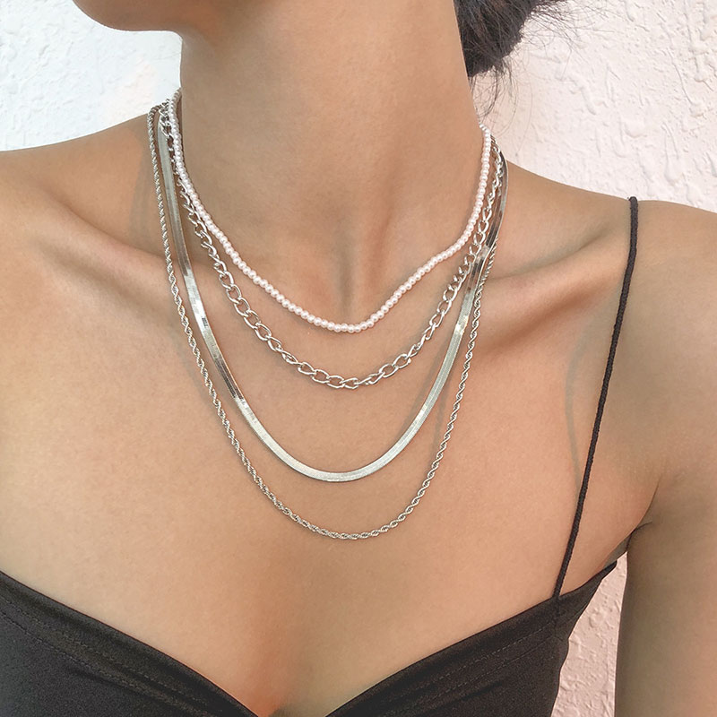 Temperament Multi-layer Pearl Stacked Necklace Female Creative Vintage Snake Chain Personality Necklace Supplier