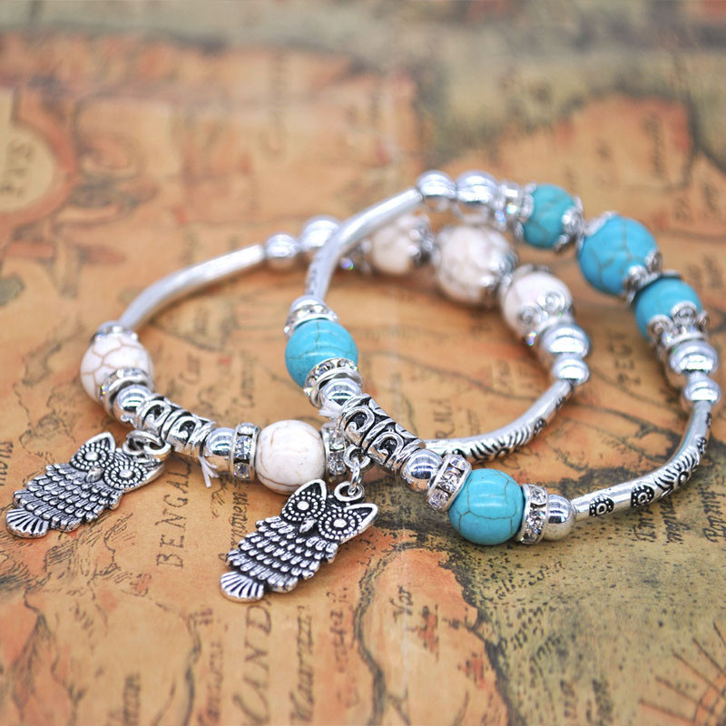 Bohemian Stretch Turquoise Bracelet Ancient Silver Elephant Owl Pendant Blue Ethnic Style Strings Supplier