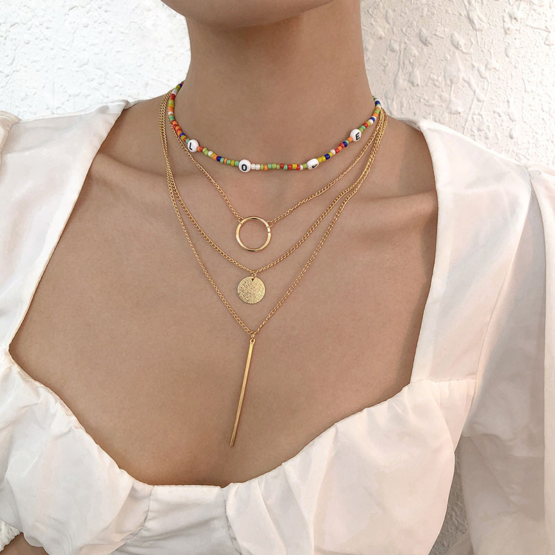 Wholesale Trendy Pendant Fashion Colorful Rice Beads Necklace Alloy Round Multi-layer Collarbone Chain Vendors