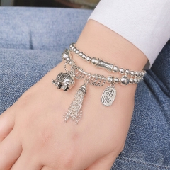 Vintage Silver Round Beads Beaded Stretch Rope Hand Handmade Elephant Tassel Charm String Supplier