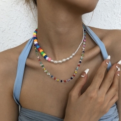 Bohemian Colorful Beads Necklace Imitation Pearl Resin Necklace Retro Hip-hop Double Layer Supplier