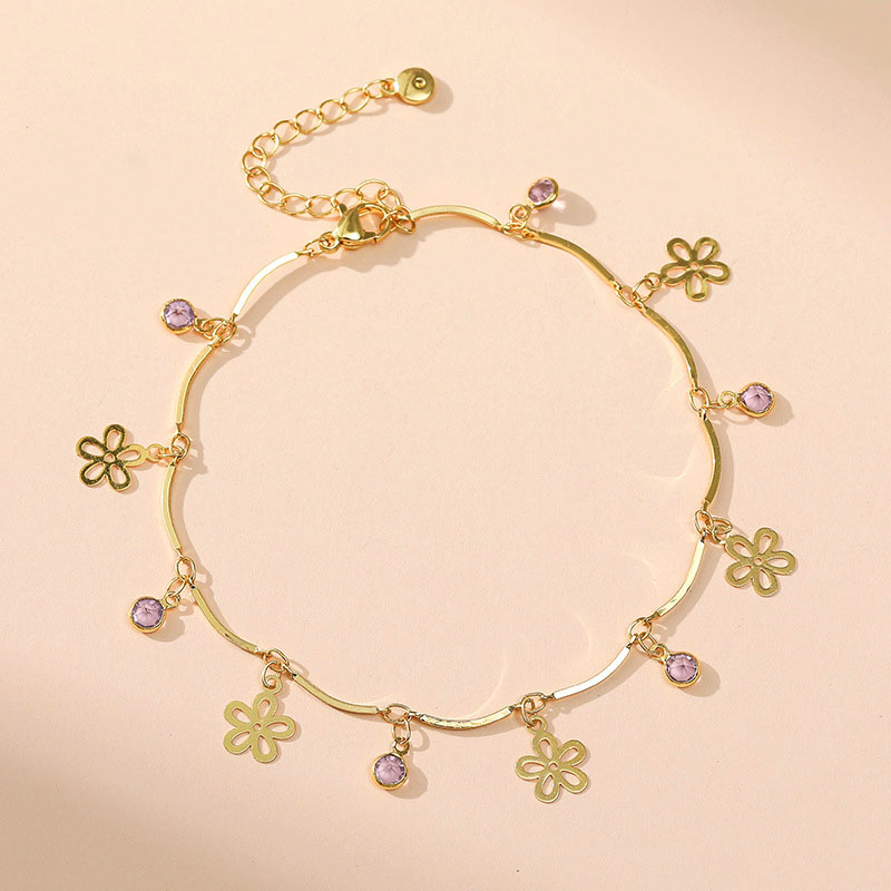 Wholesale Pink Zircon Anklet With Copper Plated 18k Real Gold Flowers Vendors