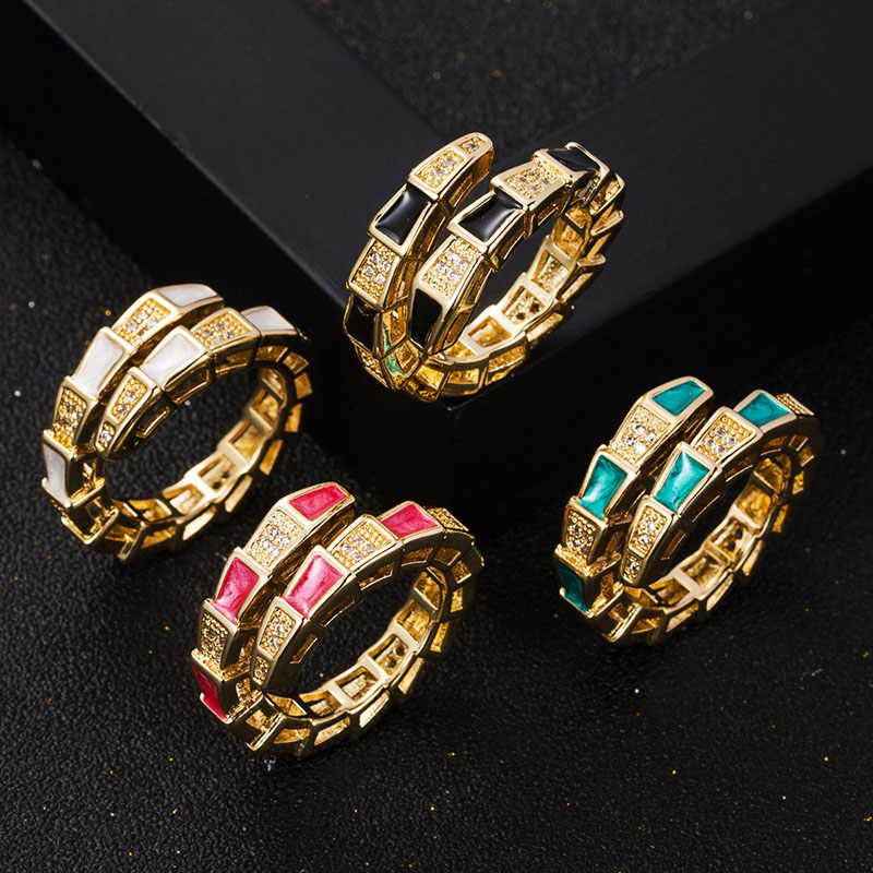 Wholesale Copper Gold Plated Micro Zirconia Drip Oil Bamboo Snake Ring Open Ring Tail Ring