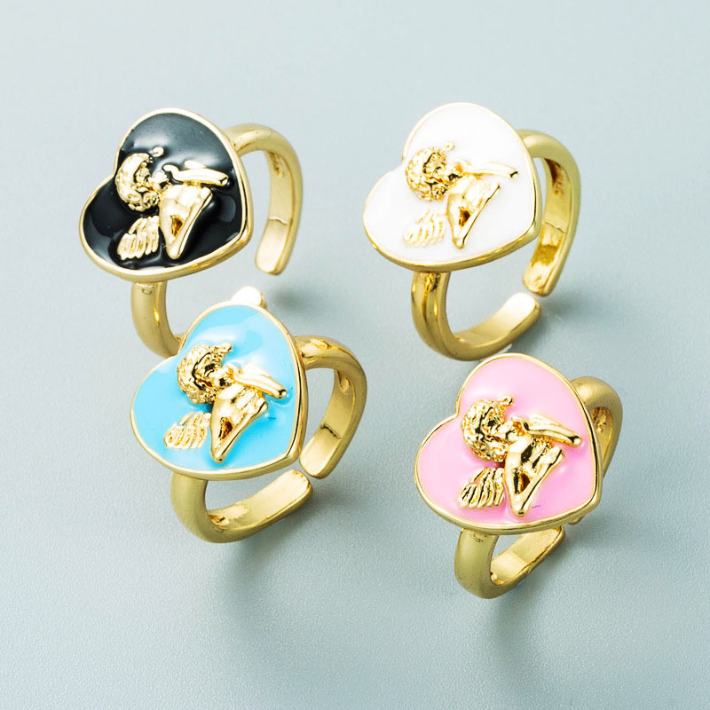 Wholesale Copper Plated 18k Gold Black, White, Pink And Blue 4 Color Oil Dripping Love Angel Ring