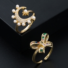 Wholesale Copper Plated Gold Micro-set Zirconia Bow Star Moon Pearl Ring