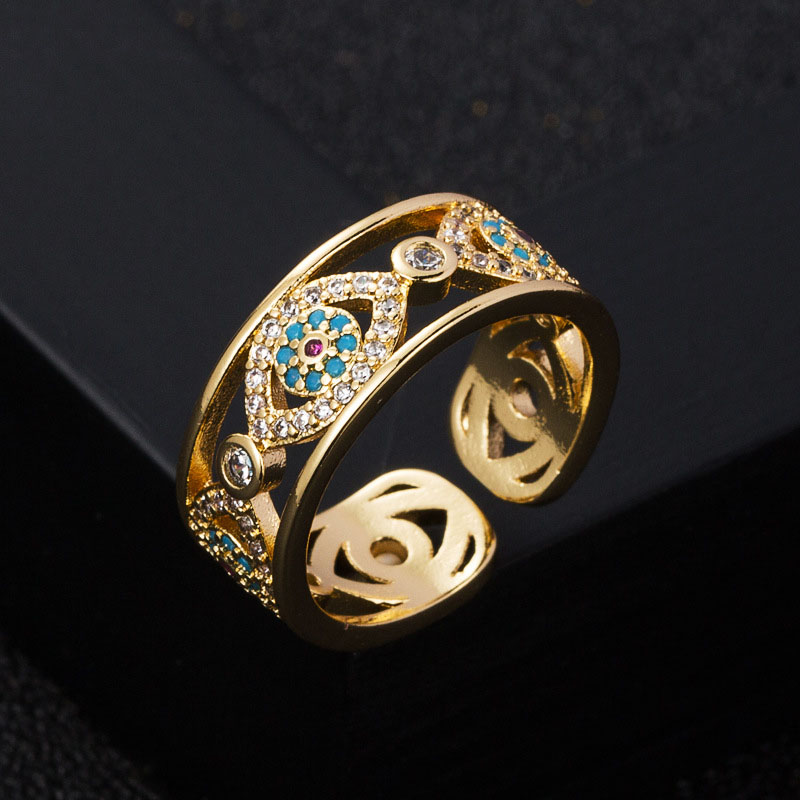 Wholesale Copper Gold Plated Micro Zirconia Devil's Eye Ring Opening Adjustable Hip Hop