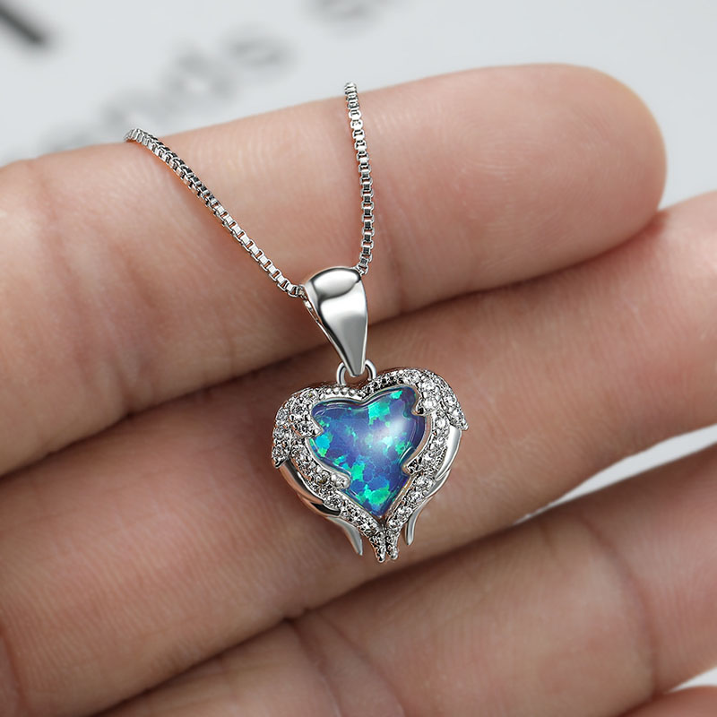 White Gold Blue And White Opal Angel Love Necklace With Matching Collarbone Chain Manufacturer