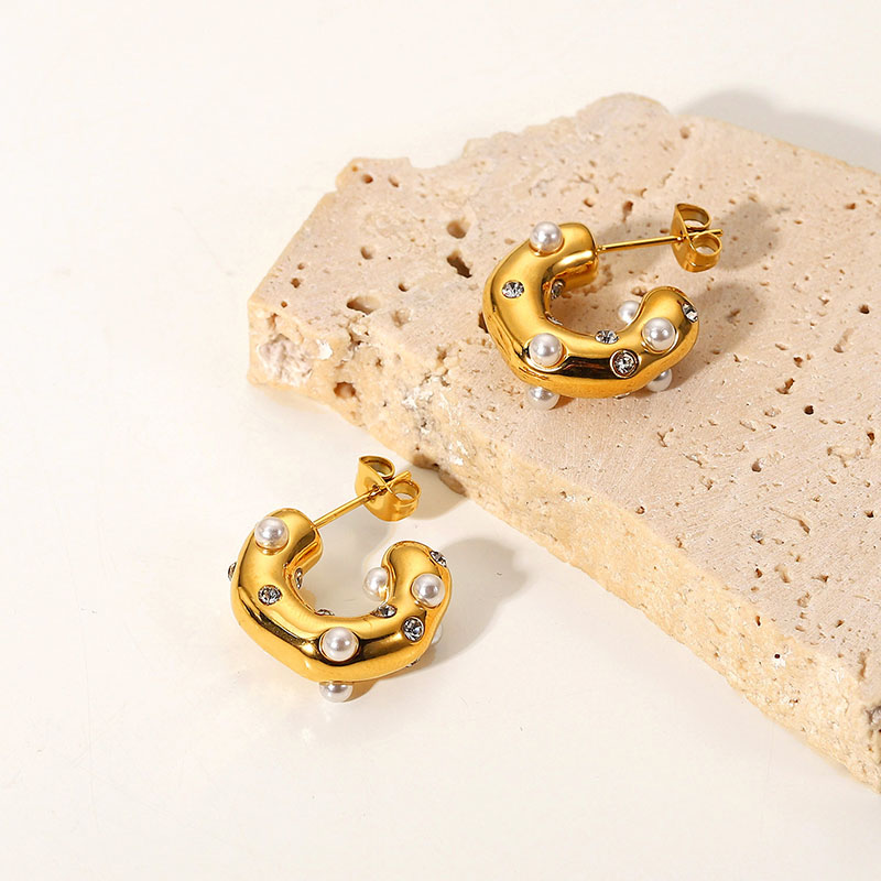 Earrings In 18k Gold Plated Stainless Steel Hammered With Pearls Zirconia Distributor