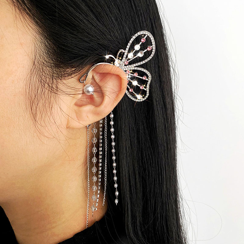 Inlaid Rhinestone Butterfly Creative Pearl Tassel Earrings Clip Distributor