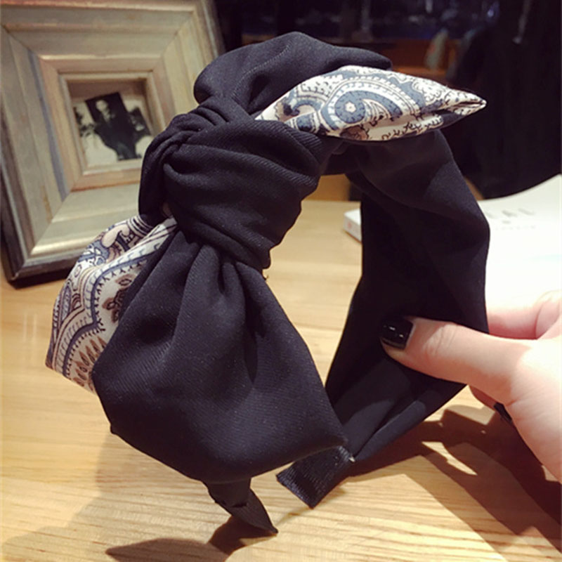 Floral Black Hair Bands Ladies Autumn And Winter Splicing Twisted Knot Large Bow Hair Bands Supplier