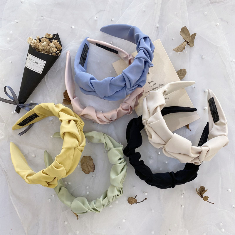 Pleated Hair Band Candy Solid Color Wide Side Knotted Wash Headband Supplier