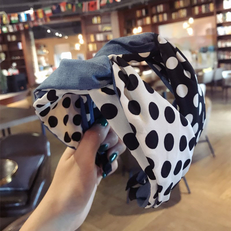 Polka Dot Denim Fabric Collision Color Splicing Wide Side Hair Band Supplier