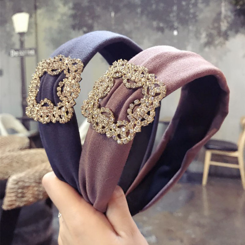 Hair Accessories With Diamonds Super Flash Lady Headband Solid Color Fabric Wide Side Supplier