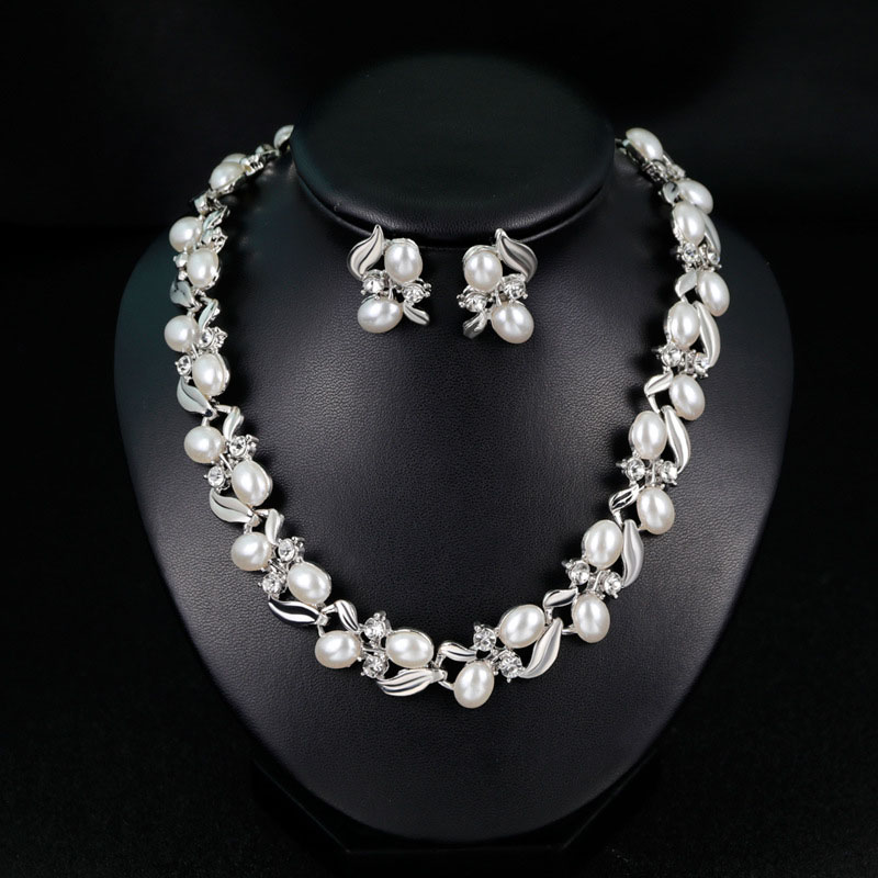 Rhinestone Pearl Necklace Earrings Bridal Two-piece Set Manufacturer