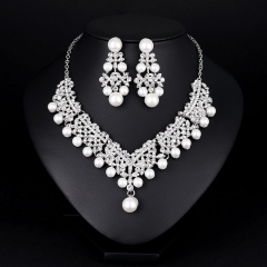 Simple Temperament White Pearl Alloy Rhinestone Necklace Set Wedding Manufacturer