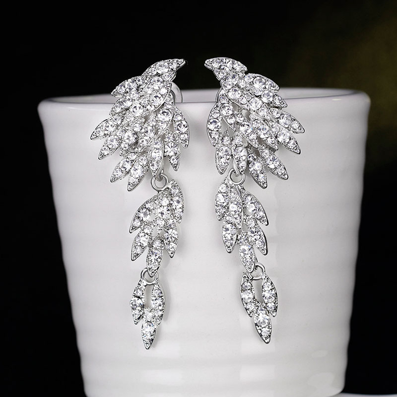 Fashion Feather Long Earrings With White K Crystal Plating Distributor