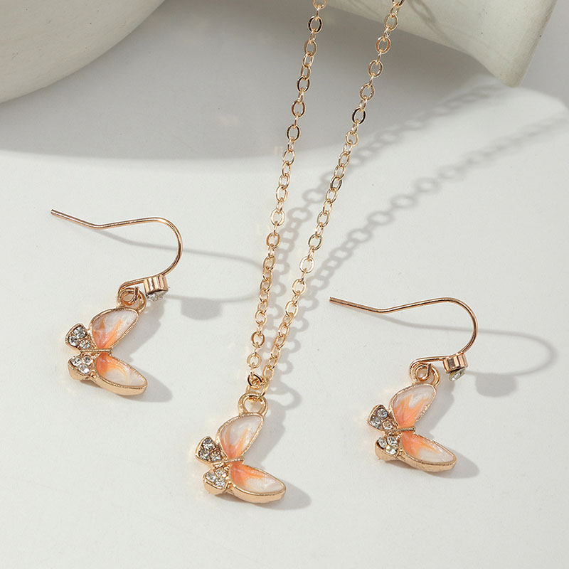 Sweet And Lovely Small Fresh Butterfly Necklace Gradient Oil Drip Earrings Set Chain Supplier