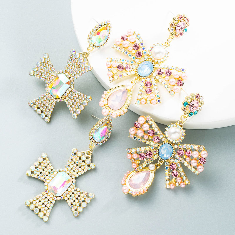 S925 Silver Pin Pearl Pink With Diamond Bow Floral Cross Earrings Supplier