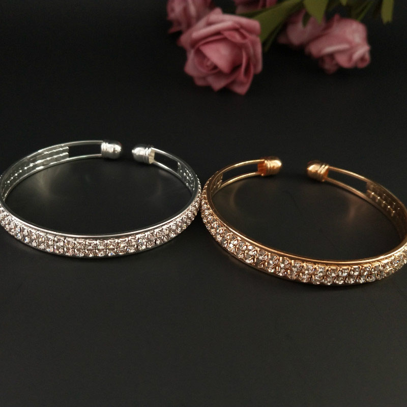 Fashion Popular Gold And Silver With Diamonds 2 Rows Open Bracelet Supplier